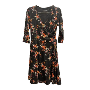 Garnet Hill fall floral v-neck faux wrap dress with flattering ruching. Small.
